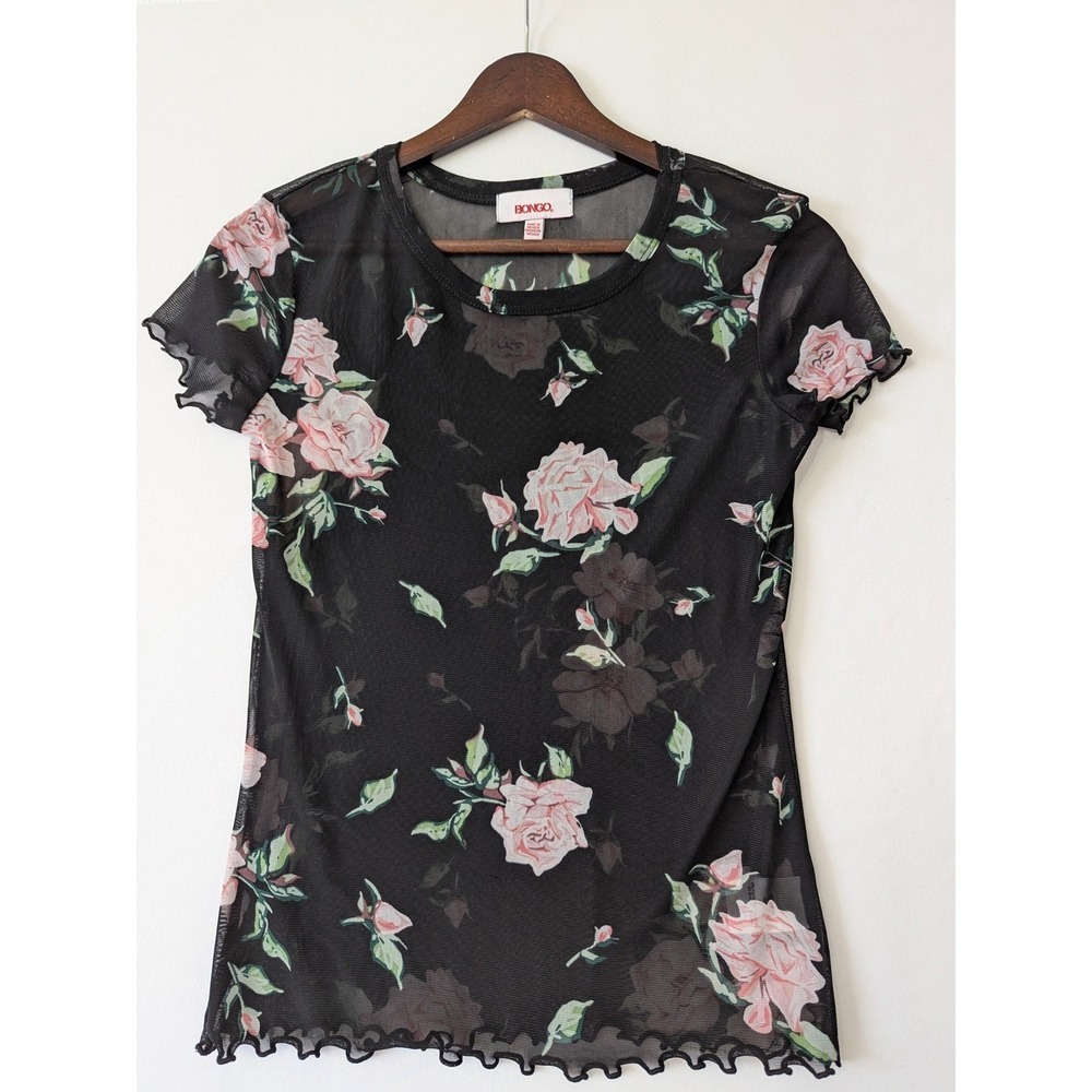 BONGO Whimsigoth Black Floral‎ Mesh Short Sleeve Fairy Coquette Top Women L
